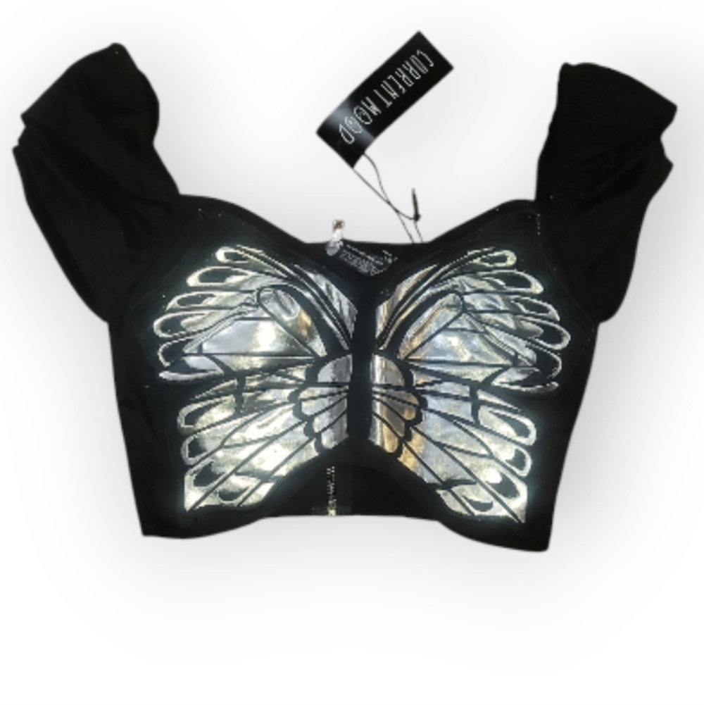 DOLLS KILL CURRENT MOOD joy is fleeting black silver butterfly crop top xs nwt